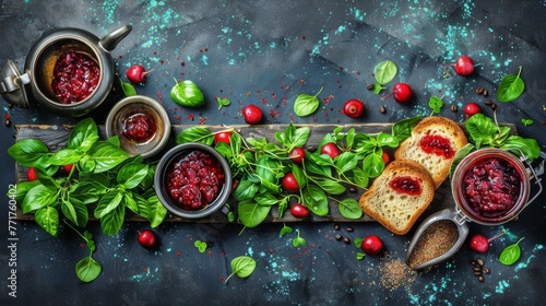  Cranberry sauce, bread, and basil leaves on a wooden board with spoons