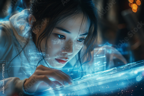 Young Asian woman looking at a futuristic computer screen