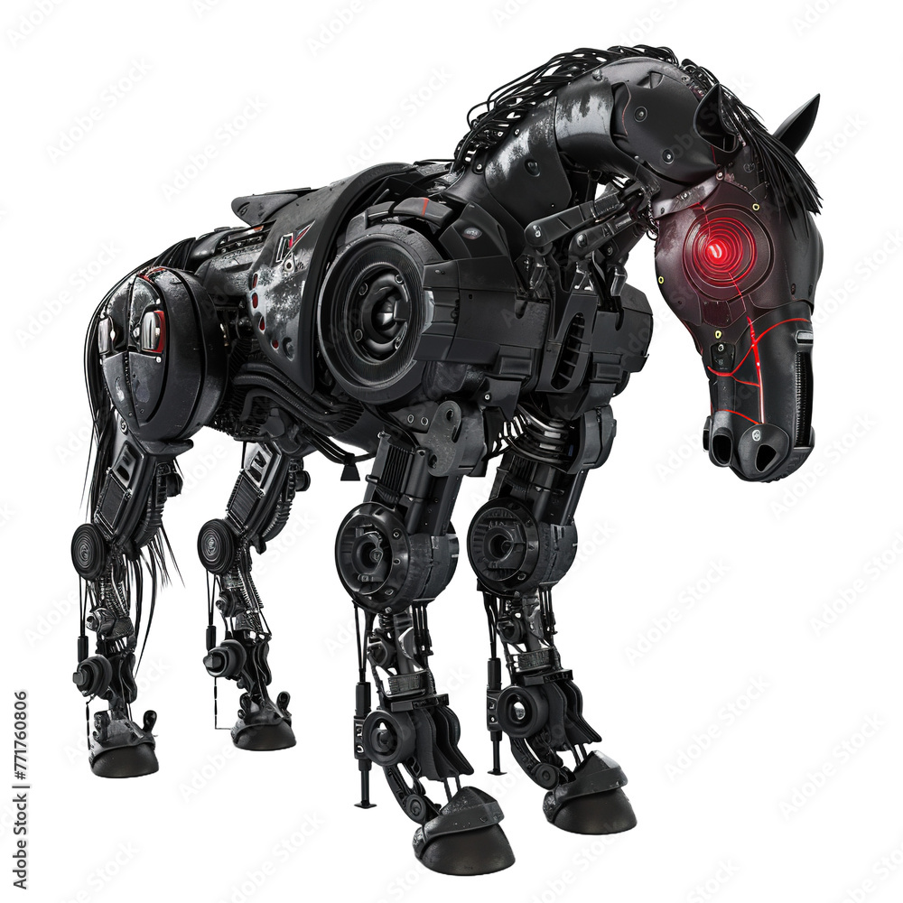 Black robotic horse with glowing red eyes in steam on transparent or white background Black robotic horse with glowing red eyes in steam on transparent or white background