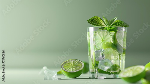  A glass of mojito with limes, mints, and ice cubes on a light green background