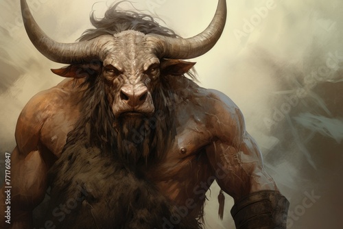 Bold Minotaur myth with man warrior illustration. Evil beast creature near rock cave. Generate Ai