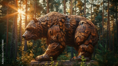 wooden bear statue in forest