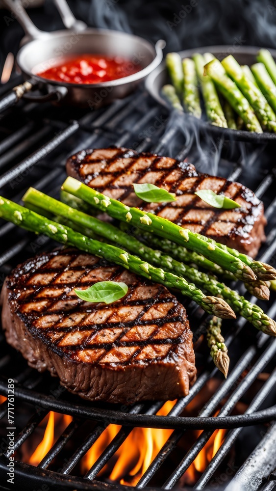 Searing grilled steak with asparagus. Restaurant photo.