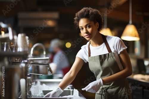 Young afro woman washing dishes in a restaurant kitchen.