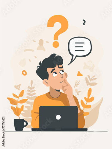 businessman sitting on a chair with a laptop Question or problem solving, think about answer or solution, contemplation, doubt or concentration, FAQ frequently asked questions