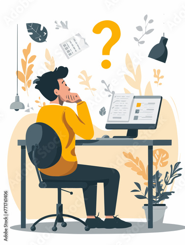 businessman sitting on a chair with a laptop Question or problem solving, think about answer or solution, contemplation, doubt or concentration, FAQ frequently asked questions,