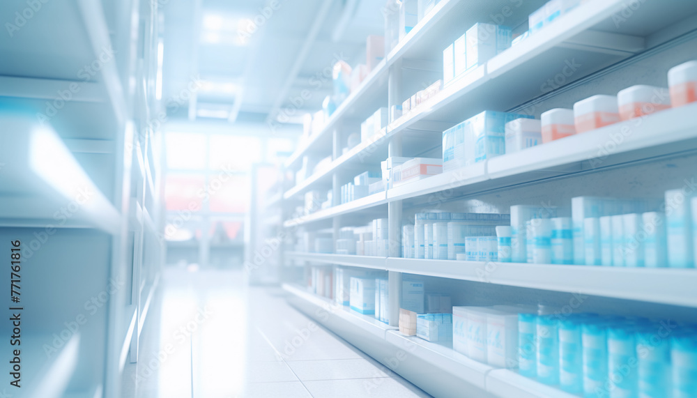 The blurred abstract background of the pharmacy.