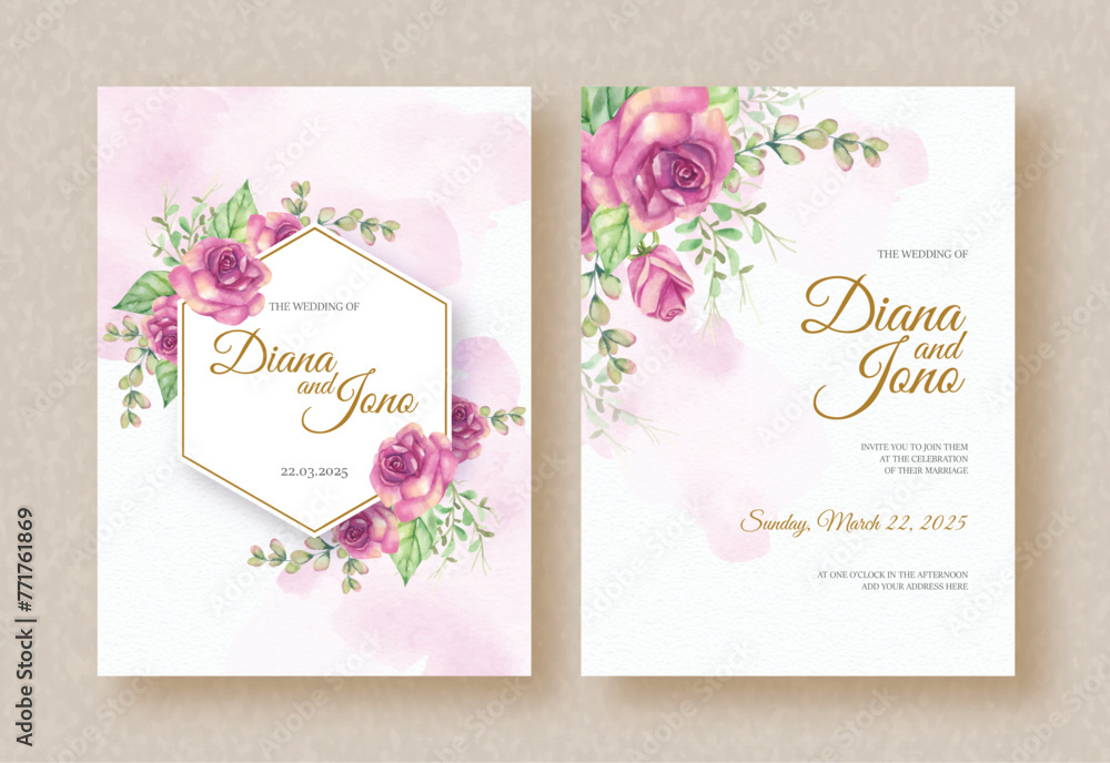 hexagon frame with purple rose painting ornament on wedding invitation background