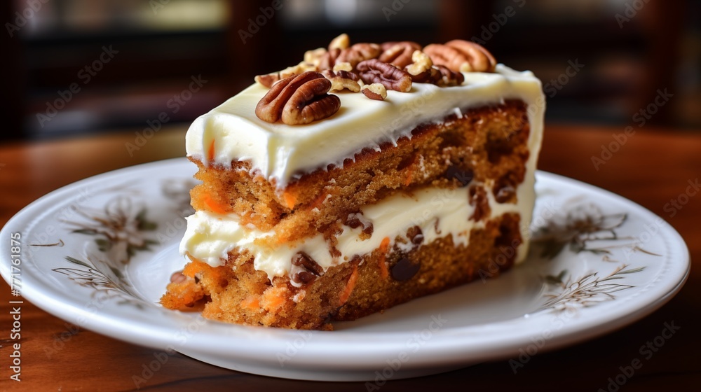 Slice of carrot cake with a cream cheese frosting swirl and a pecan on top.