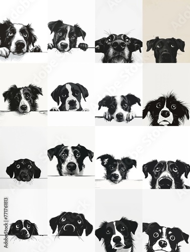 Un delicioso mosaico de rostros caninos, cada panel captura una diferente y expresiva matiz de emociones perrunas en marcado blanco y negro. photo