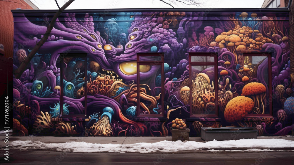Marvel at the intricate details of a psychedelic street art mural against the cityscape.