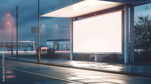 An elegantly composed image featuring a blank white billboard at a bus stop, illuminated by the diffused light of an overcast sky.