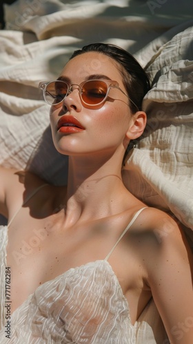 Woman Laying on Bed Wearing Sunglasses