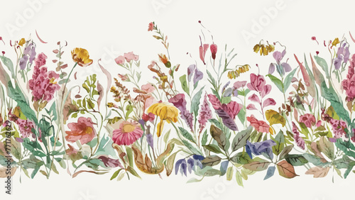 Fototapeta Naklejka Na Ścianę i Meble -  Vibrant Spring Blossoms: Elegant Watercolor Illustration of a Seamless Floral Pattern with Borders and Leaves