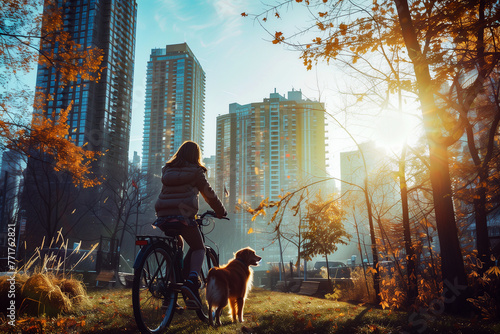 person riding a bike in the park, with a dog © Luis