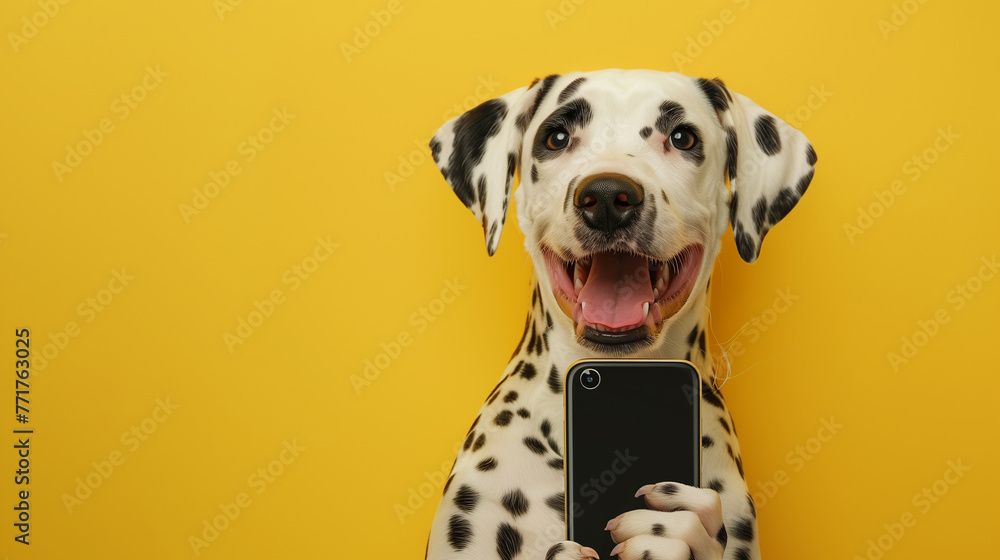 Cheerful Dalmatian with a phone on a bright yellow background. Cheerful Dalmatian with a phone on a bright yellow background.
