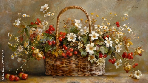  A painting depicts a woven basket brimming with blooms & berries, beside cherries & strawberries