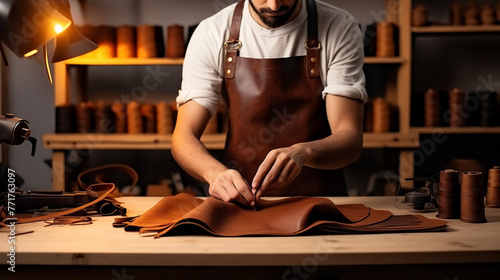 Tailor cobbler hold different rolls natural brown leather, working with textile in workshop 