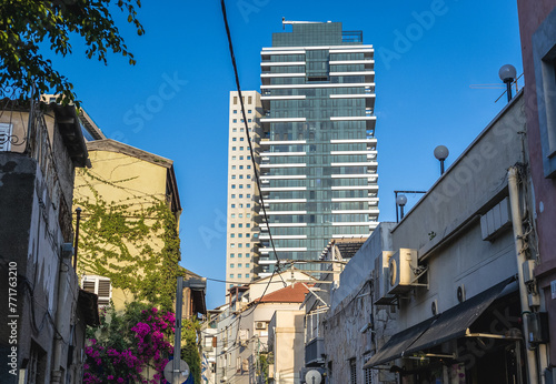 Shalom Shabazi street in Neve Tzedek neighborhood in Tel Aviv city, view with 1 Rothschild Boulevard, Israel photo
