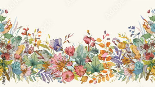 Vibrant Spring Blossoms: Elegant Watercolor Illustration of a Seamless Floral Pattern with Borders and Leaves © Hogr
