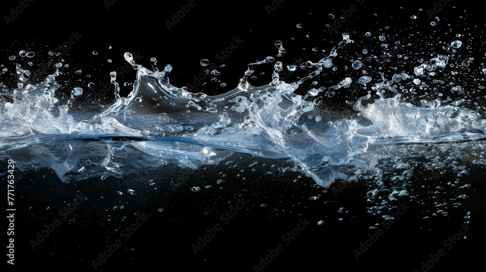  A black surface with water splashing and reflecting below it