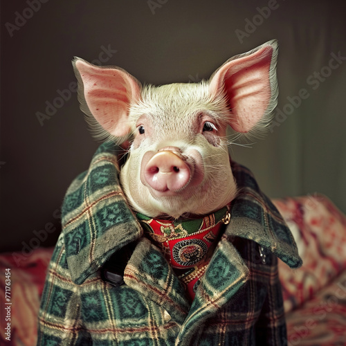 Cute pig wearing stylish fashionable clothes 