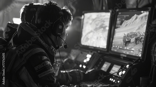 Team of technicians watching car race on multiple monitors in service room. Specialists control rally progress and support drivers online. Black and white image. © Анна Д