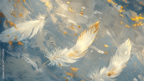 Embrace the timeless allure of this vintage illustration, where delicate feathers float gracefully atop a mesmerizing background of blue and gold brushstrokes.