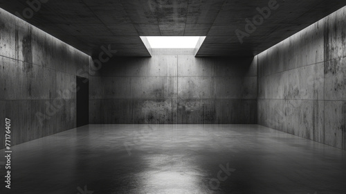 Empty, concrete, underground large dark room with a black door and natural light streaming through a ceiling opening. Futuristic, grunge industrial hall or  asylum interior background with copy space 