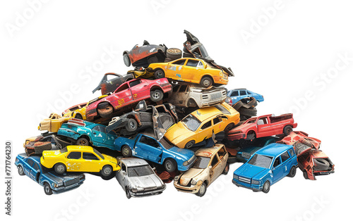 Pile of recycled waste cars on transparent or white background