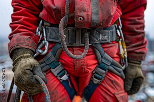 Cropped close-up of construction worker standing on the roof of high-rise building. Industrial climber use safety gear, belts, ropes, pulleys, carabiners.