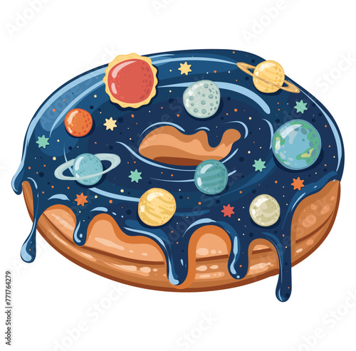 Space donut with planets and galaxy icing. Conceptual picture about space and food. Vector image for postcard, painting, t-shirt and textile.