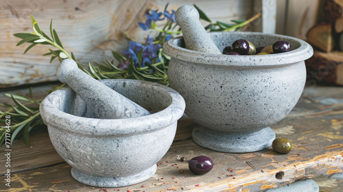  A photo of two bowls brimming with olives resting on a wooden table and in proximity to a potted plant