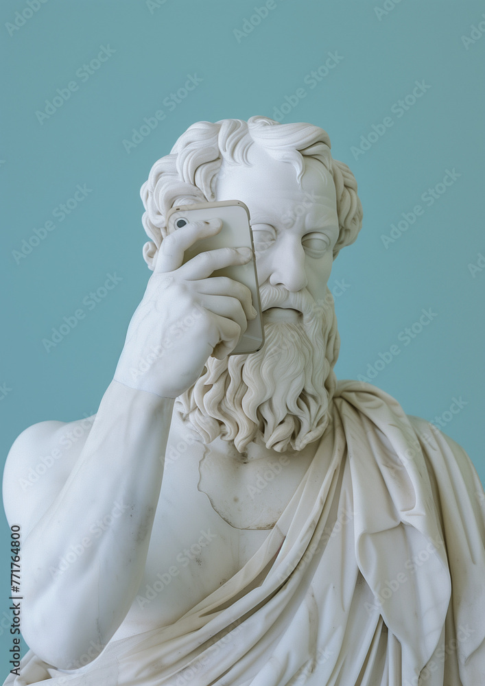 statue of a person with a mobile phone.Minimal creative technological and art concept