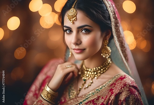 Portrait of an oriental girl in traditional clothes with jewelry against a blurred background with lanterns