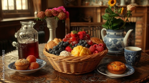  A table, bearing a basket of fruits and muffins, sits adjacent to a steaming teacup and a vase of vibrant blossoms