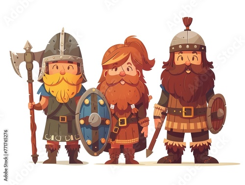 Meet the fearless cartoon Viking warriors, from the brave shieldmaiden to the stouthearted axeman, all rendered in a charming, minimalist style, ready to enhance your fairytale projects, isolated on w photo