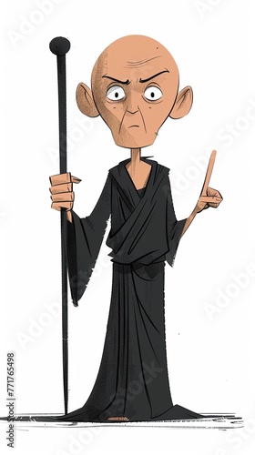 Witness a moment of admonition with this bald cartoon character, dressed in a long tunic and holding a staff, gesturing a threat with his finger, illustrated in a simple yet expressive minimalist styl photo