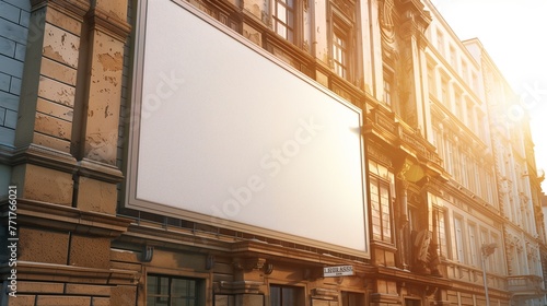 Set against the backdrop of a historical city center, a blank billboard adorns the side of an elegantly aged building. photo