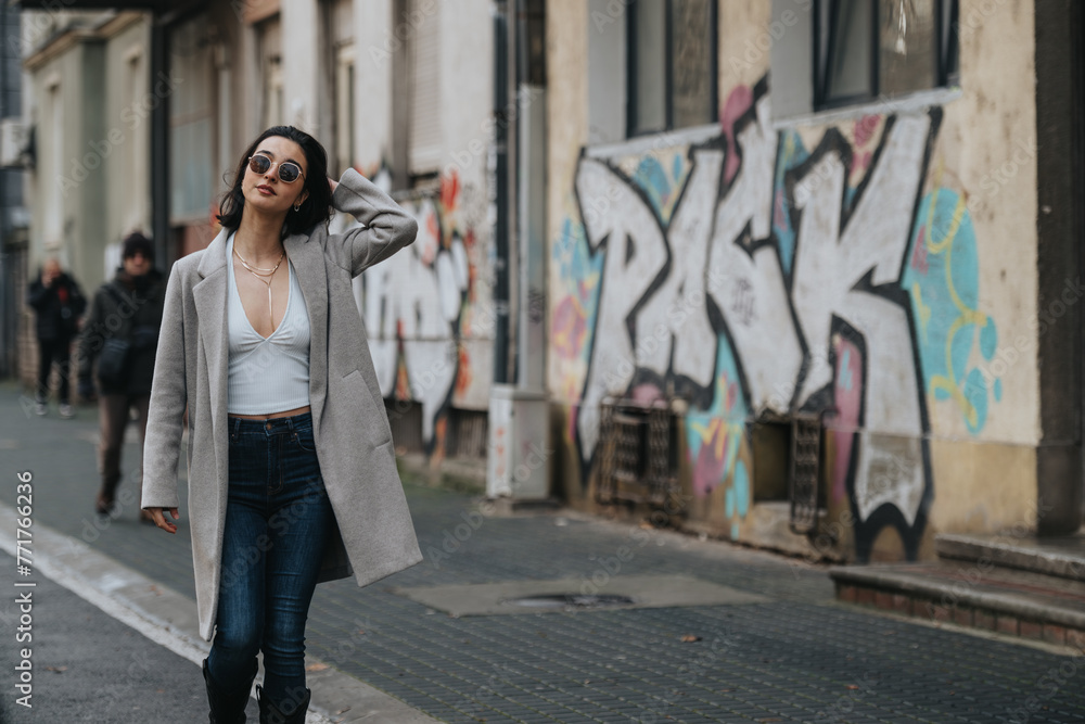 A stylish young woman poses confidently outdoors on an urban street, with artistic graffiti as a backdrop, embodying contemporary fashion.