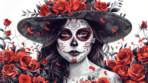 dia de los muertos girl fad with roses. Tattoo style artwork white background generative ai
