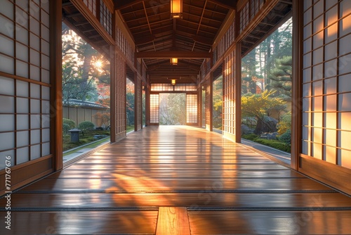 Serene Japanese corridor overlooking a Zen garden at sunset