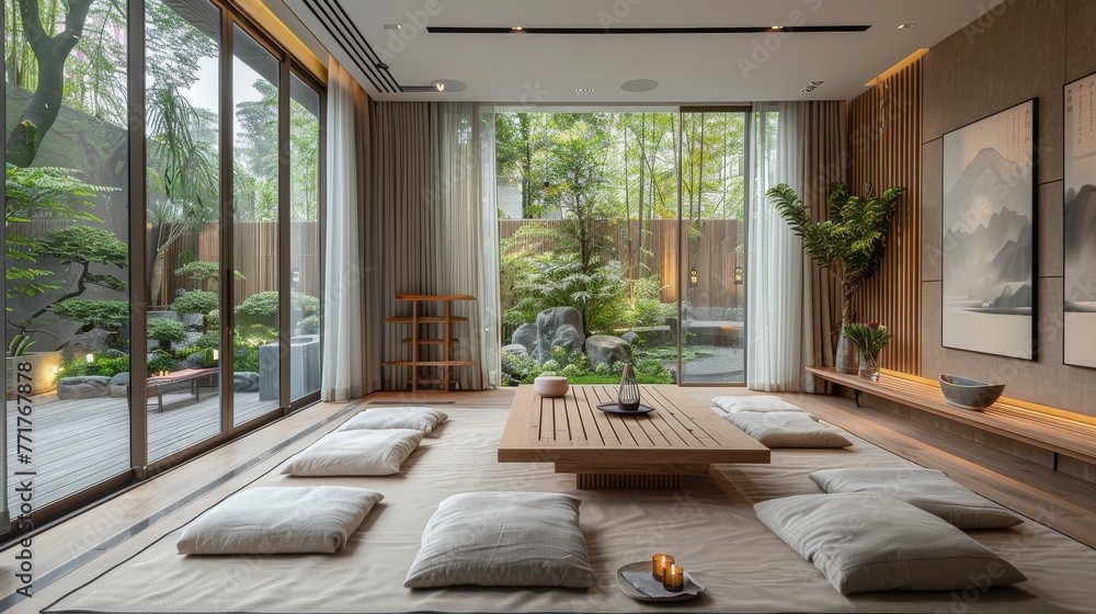 Minimalist Japanese living room with traditional tatami mats and natural light - obrazy, fototapety, plakaty 