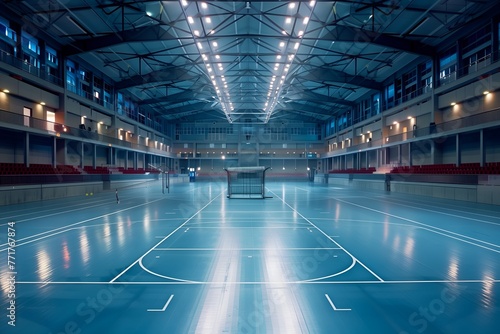 an empty basketball court in a large stadium for training