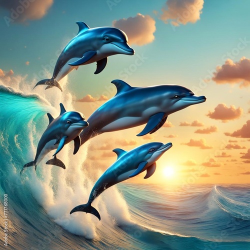 Dolphins jump over the waves in the ocean