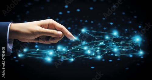 Artificial intelligence robot hand touching human finger on a dark blue background representing digital technology and global network connection, with the concept text of future AI business stock. The
