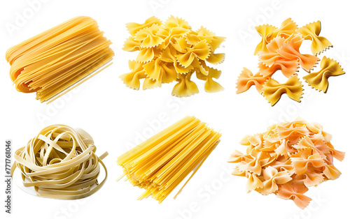 Collection 0f different italian pasta types from on transparent or white background