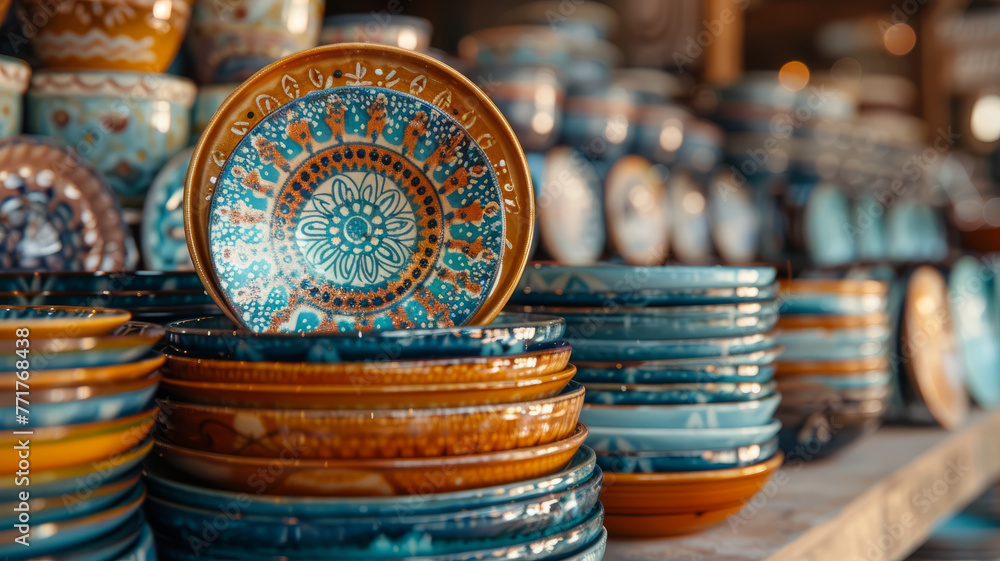 Fototapeta premium Stacks of blue ceramic plates in a market.