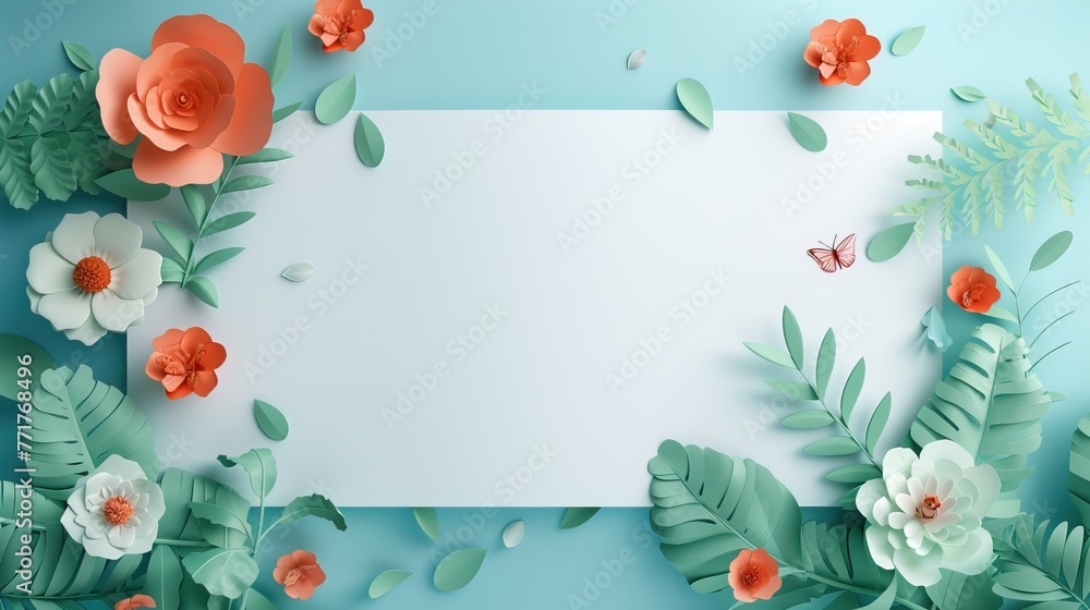 A floral-themed paper art banner with a blank space for text