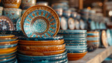 Stacks of blue ceramic plates in a market.